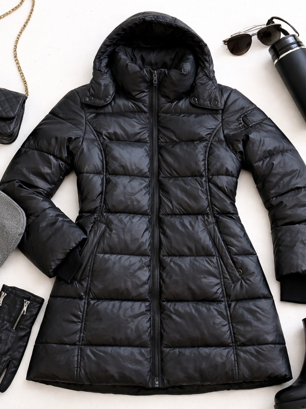 Noize Black Hooded Puffer Coat Vegan Leather Trim Women Medium Belt Missing EUC